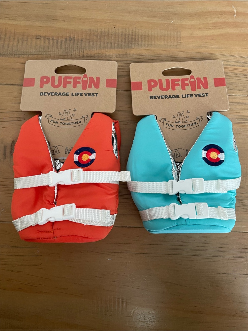 Puffin Beverage Life Vest Orange and Teal BBQ Boating Beach Drink Coozies